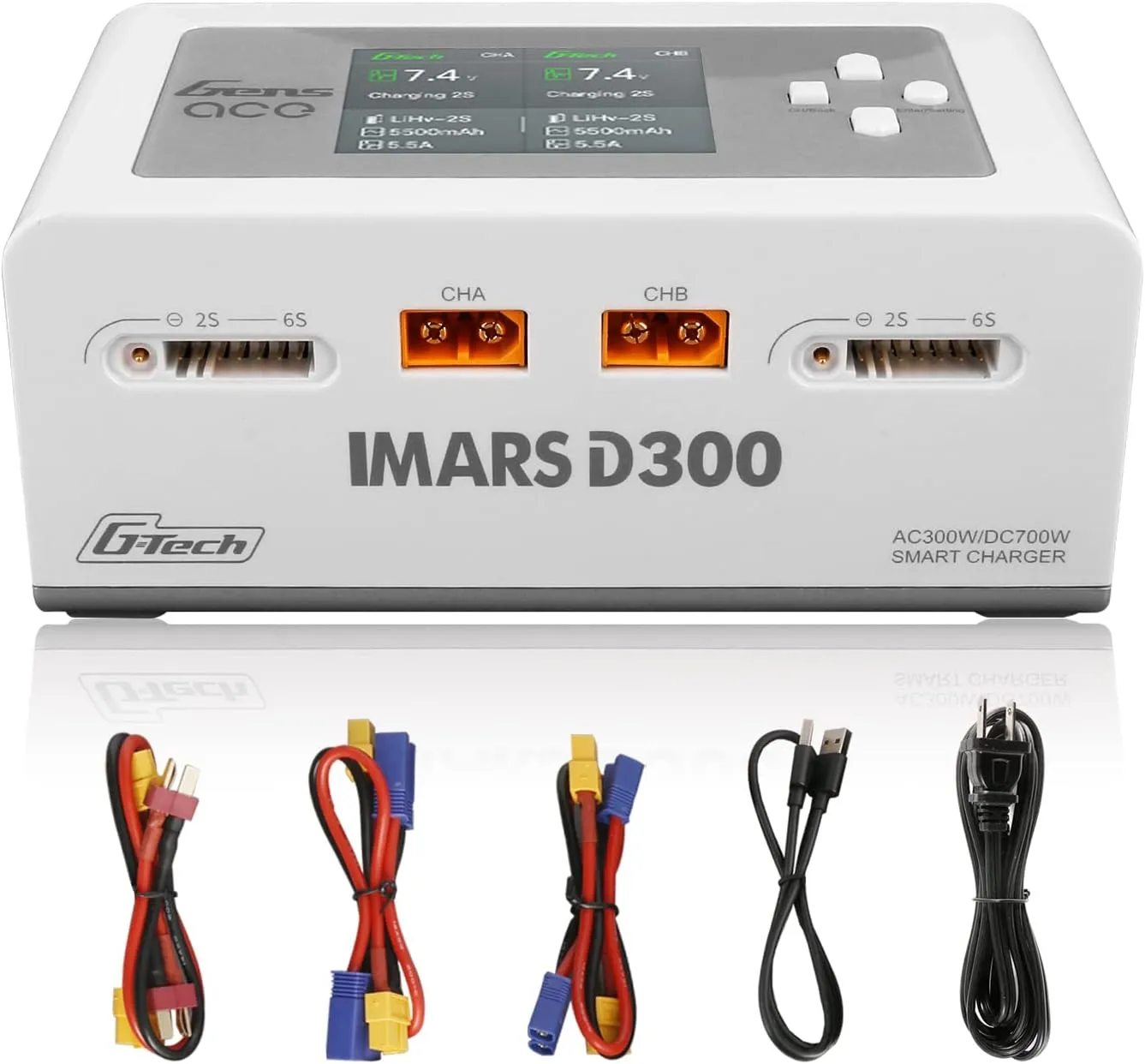 Gens Ace Lipo Battery Charger IMARS D300 G-Tech Series Smart Dual Lipo Charger 16A AC 300W DC 700W Lipo Charge（White）
