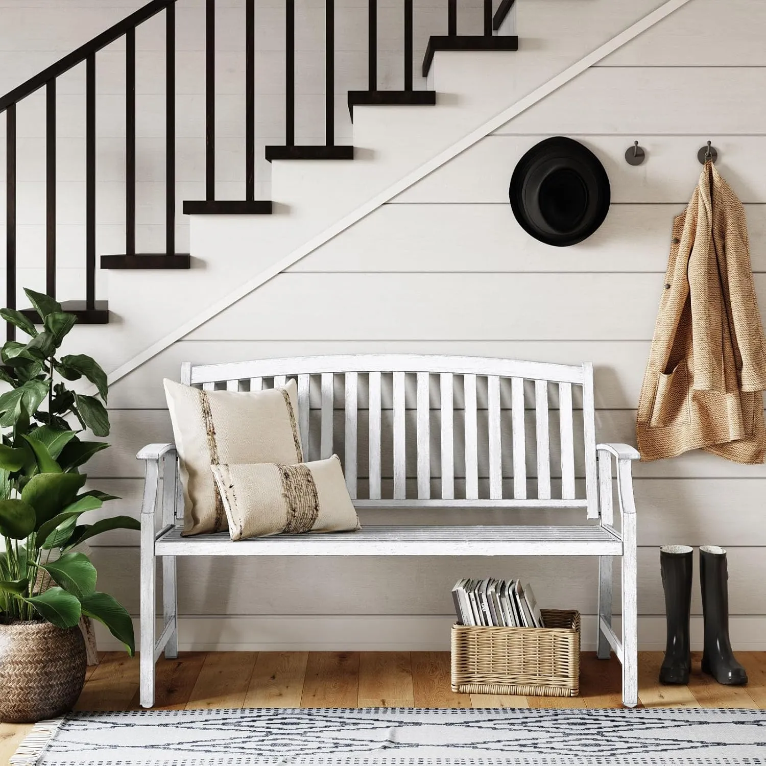 Grand patio 52" Farmhouse Outdoor Bench, Garden Benches with Rust Free Metal Powder Coated Frame and Aluminum Backrest, Faux Wood Grain Finish Frame Patio Bench for Front Porch,Gray-White