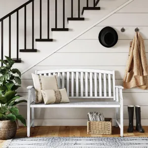 Grand patio 52" Farmhouse Outdoor Bench, Garden Benches with Rust Free Metal Powder Coated Frame and Aluminum Backrest, Faux Wood Grain Finish Frame Patio Bench for Front Porch,Gray-White