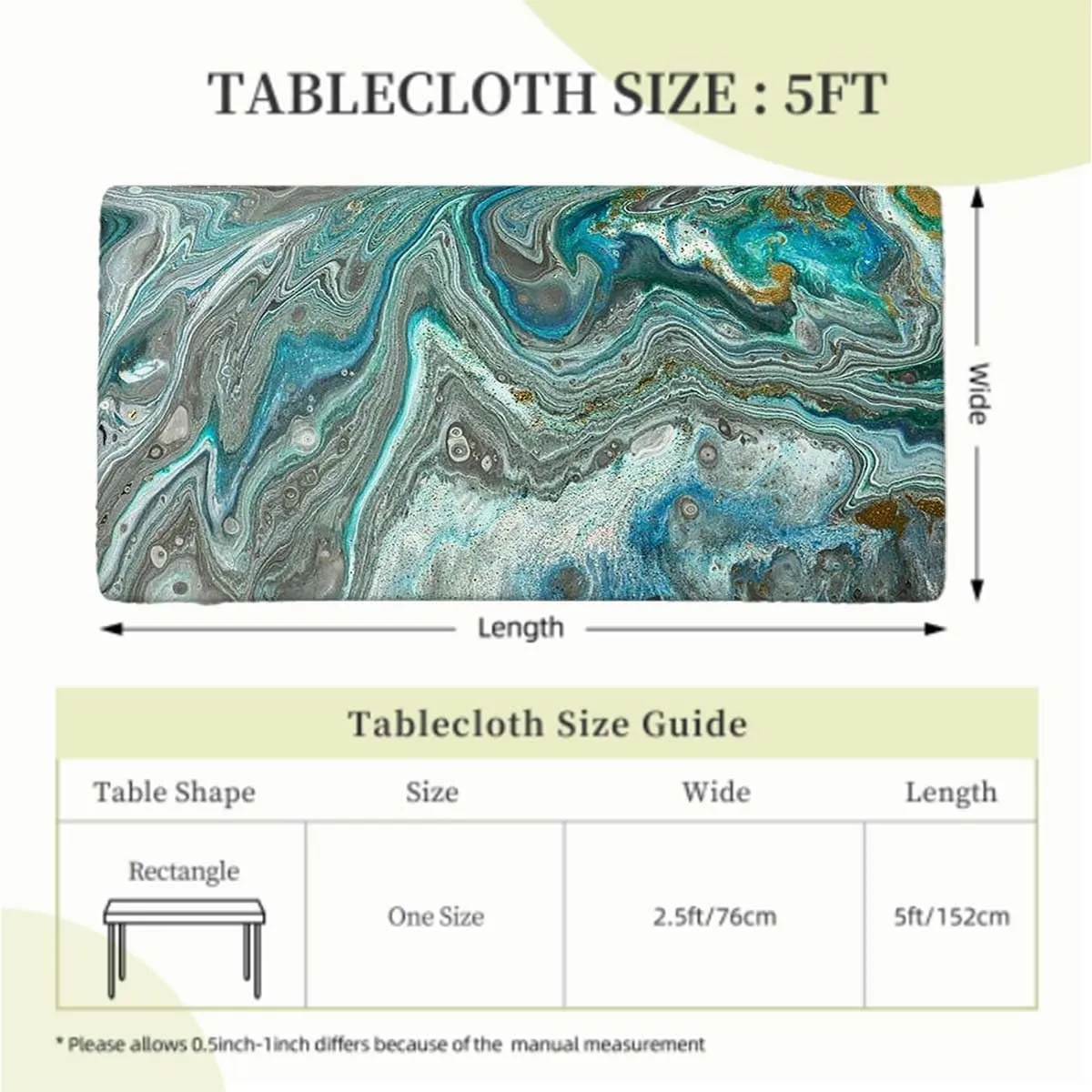 Green Elastic Fitted Tablecloth Marble Abstract Hazy Wavy Pattern Table ​Cover ​for Kitchen Dining Party Picnic Lines and Shapes Fits up 5 Foot Tables