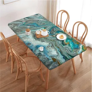 Green Elastic Fitted Tablecloth Marble Abstract Hazy Wavy Pattern Table ​Cover ​for Kitchen Dining Party Picnic Lines and Shapes Fits up 5 Foot Tables