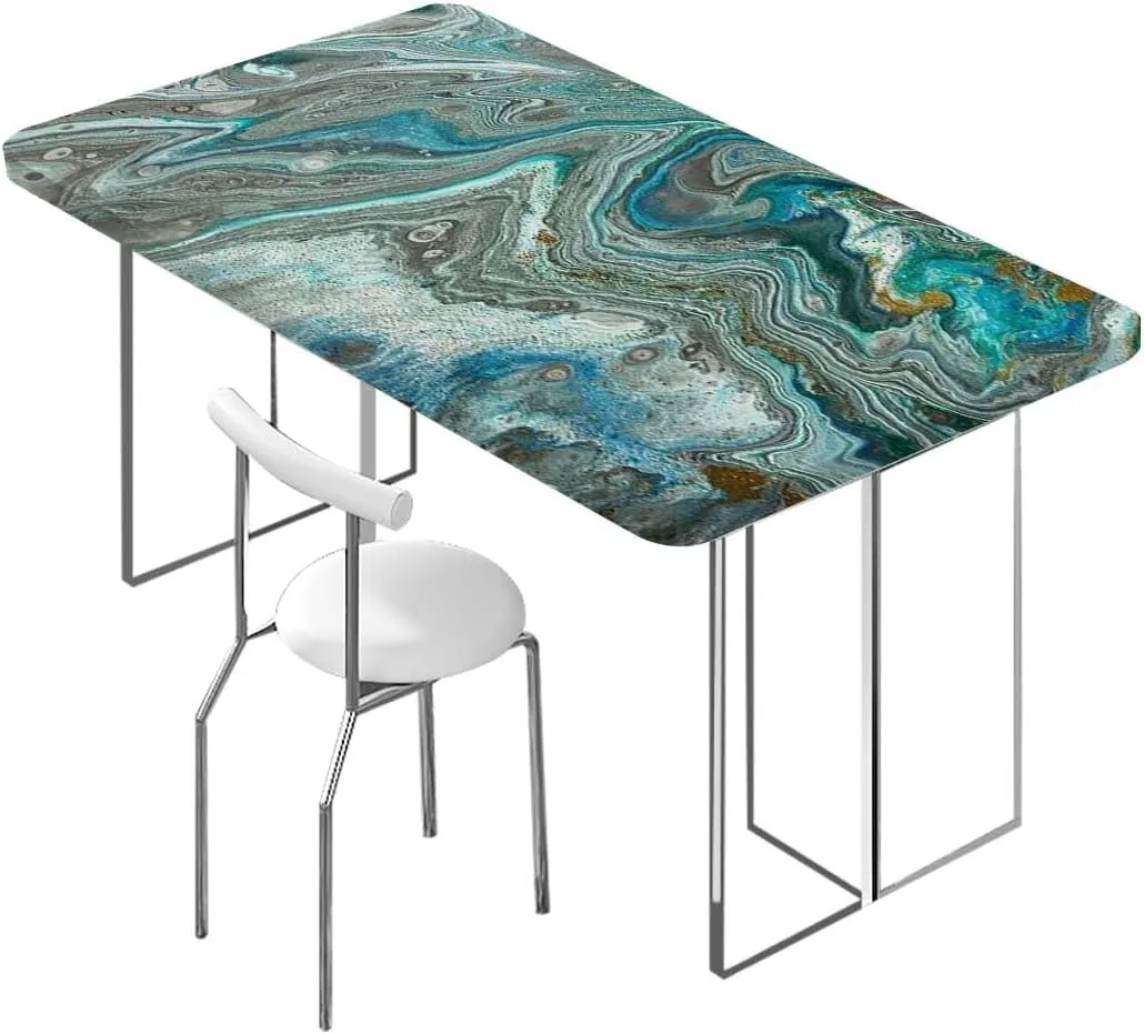 Green Elastic Fitted Tablecloth Marble Abstract Hazy Wavy Pattern Table ​Cover ​for Kitchen Dining Party Picnic Lines and Shapes Fits up 5 Foot Tables