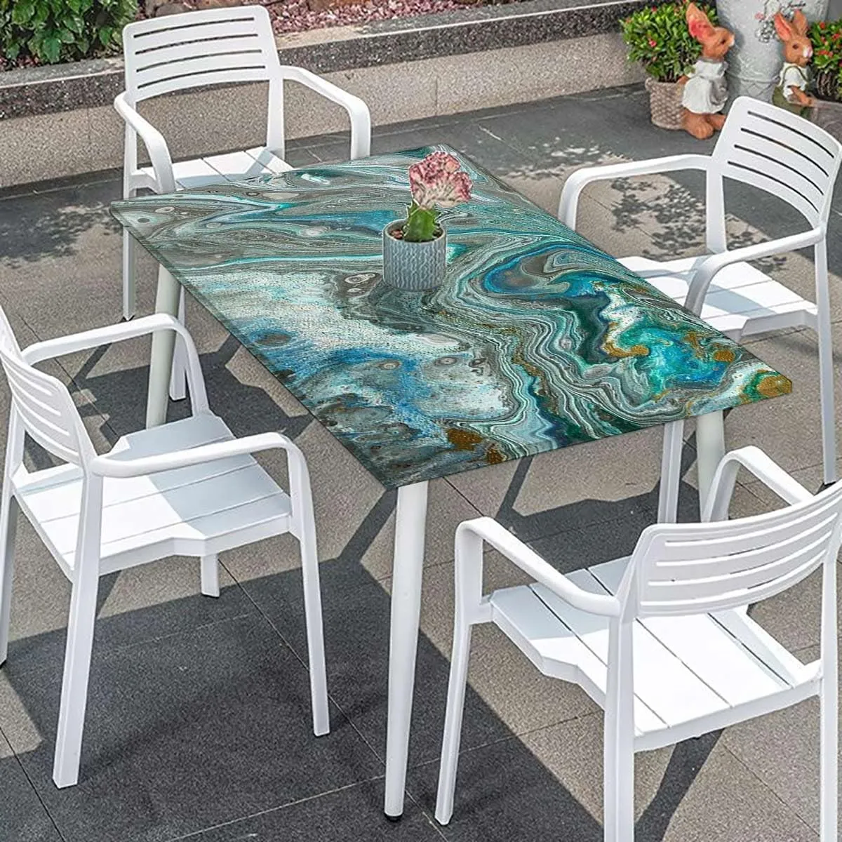 Green Elastic Fitted Tablecloth Marble Abstract Hazy Wavy Pattern Table ​Cover ​for Kitchen Dining Party Picnic Lines and Shapes Fits up 5 Foot Tables