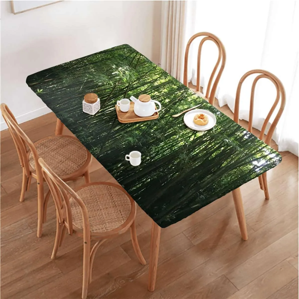 Green Yellow Olive Elastic Edge Fitted Table Cloth, Bamboo Tree Fresh Tall Bamboo Waterproof Wipeable Table Cloth Protector,for 5 Foot Tables Tropical