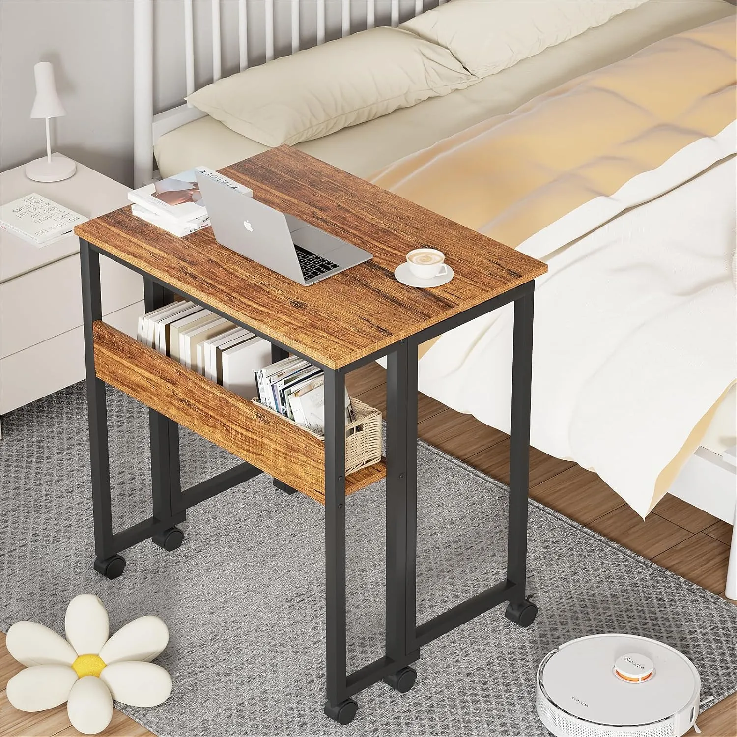 GreenForest Folding Desk Small Rolling Desk with Storage Shelf, 31.5 inch Foldable Computer Desk with Wheels for Small Space, Easy Assembly,Walnut