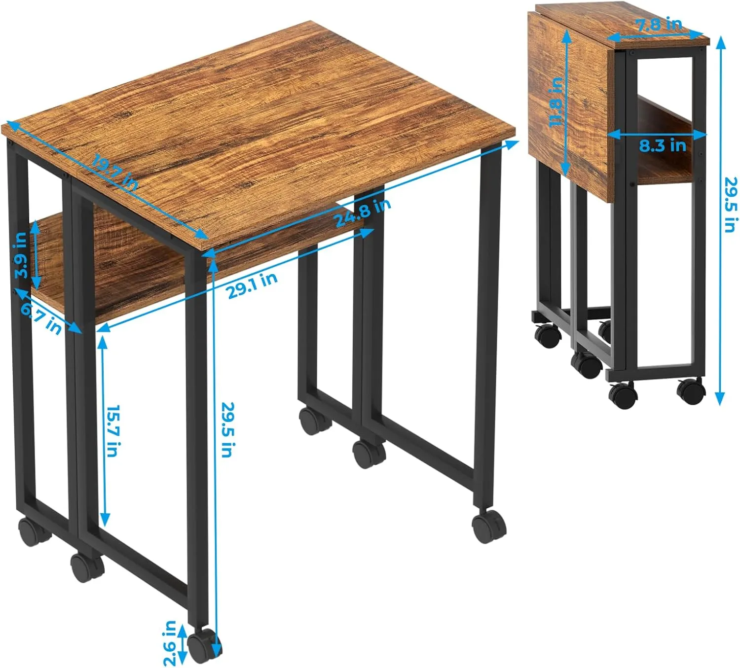 GreenForest Folding Desk Small Rolling Desk with Storage Shelf, 31.5 inch Foldable Computer Desk with Wheels for Small Space, Easy Assembly,Walnut