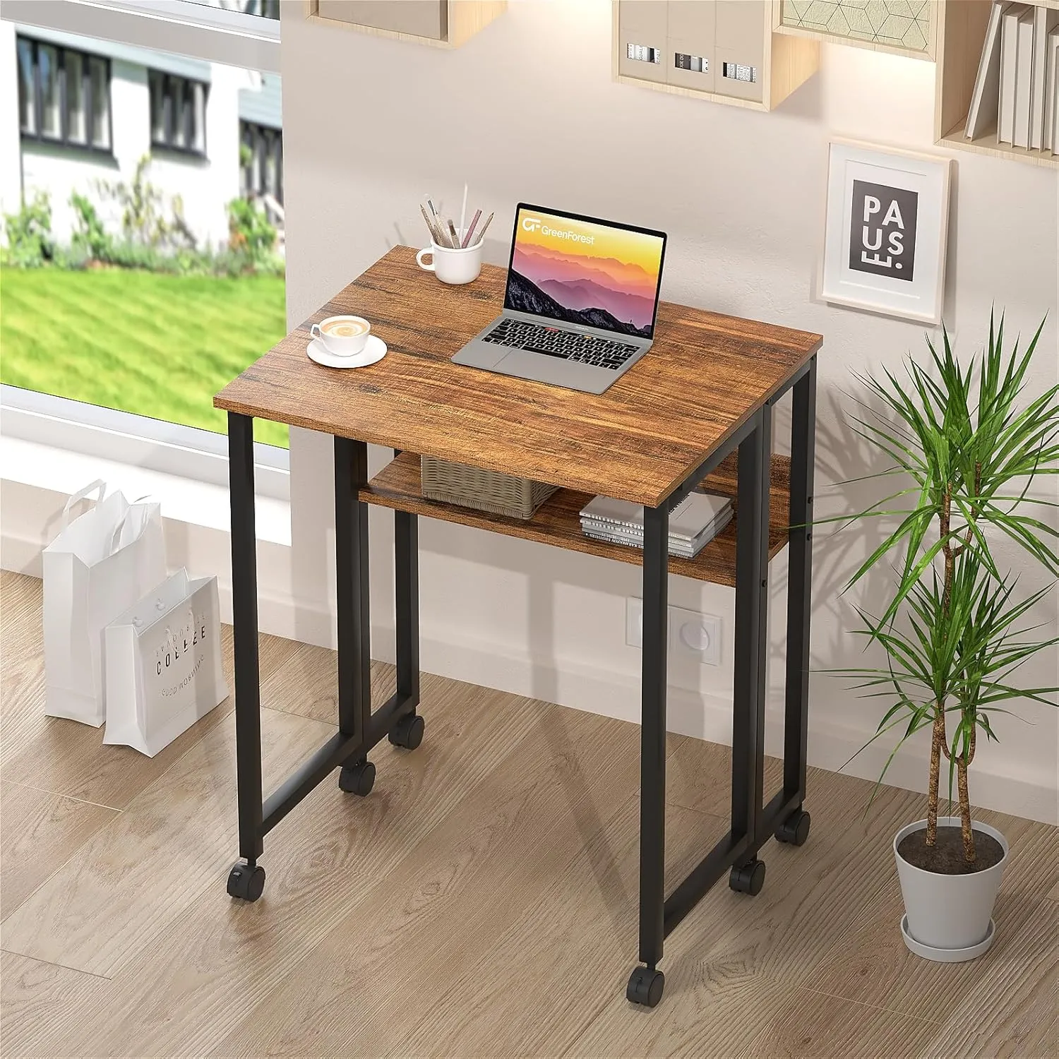 GreenForest Folding Desk Small Rolling Desk with Storage Shelf, 31.5 inch Foldable Computer Desk with Wheels for Small Space, Easy Assembly,Walnut