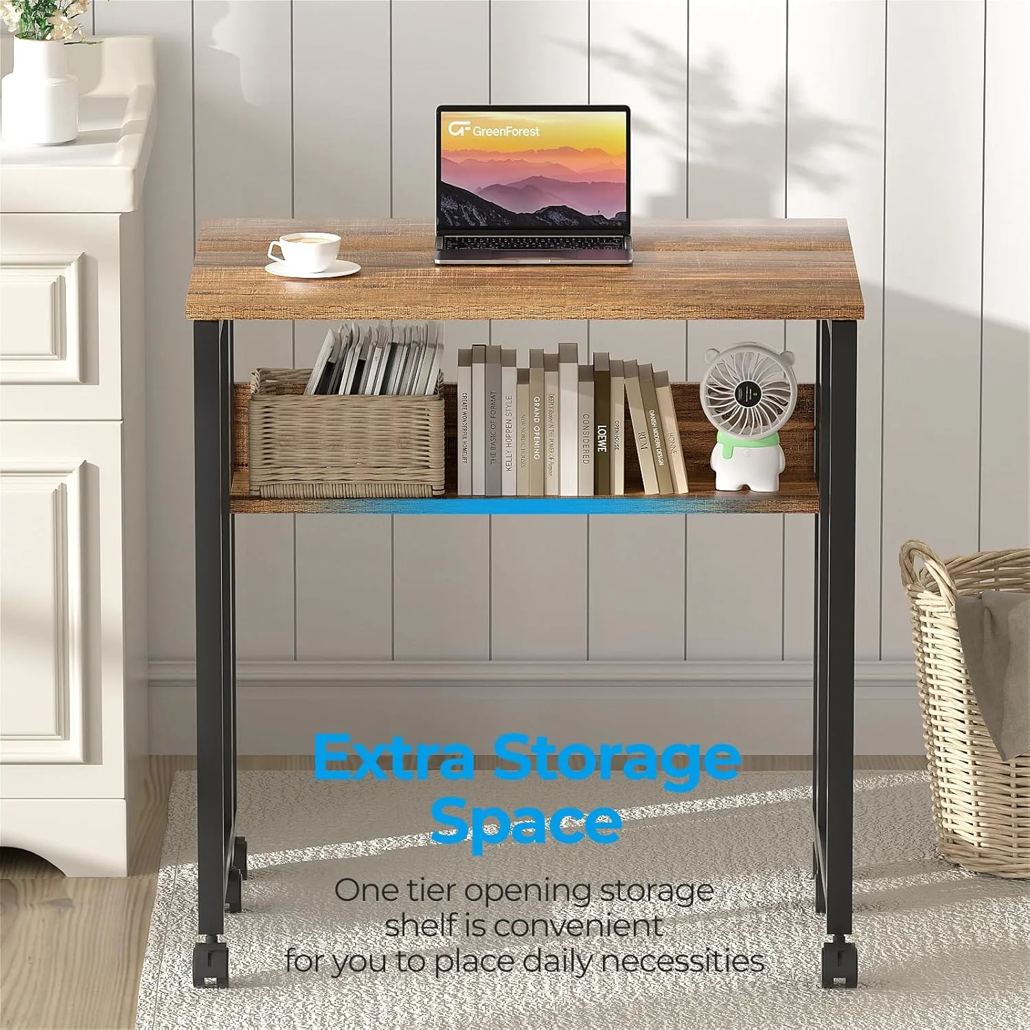 GreenForest Folding Desk Small Rolling Desk with Storage Shelf, 31.5 inch Foldable Computer Desk with Wheels for Small Space, Easy Assembly,Walnut