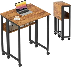 GreenForest Folding Desk Small Rolling Desk with Storage Shelf, 31.5 inch Foldable Computer Desk with Wheels for Small Space, Easy Assembly,Walnut