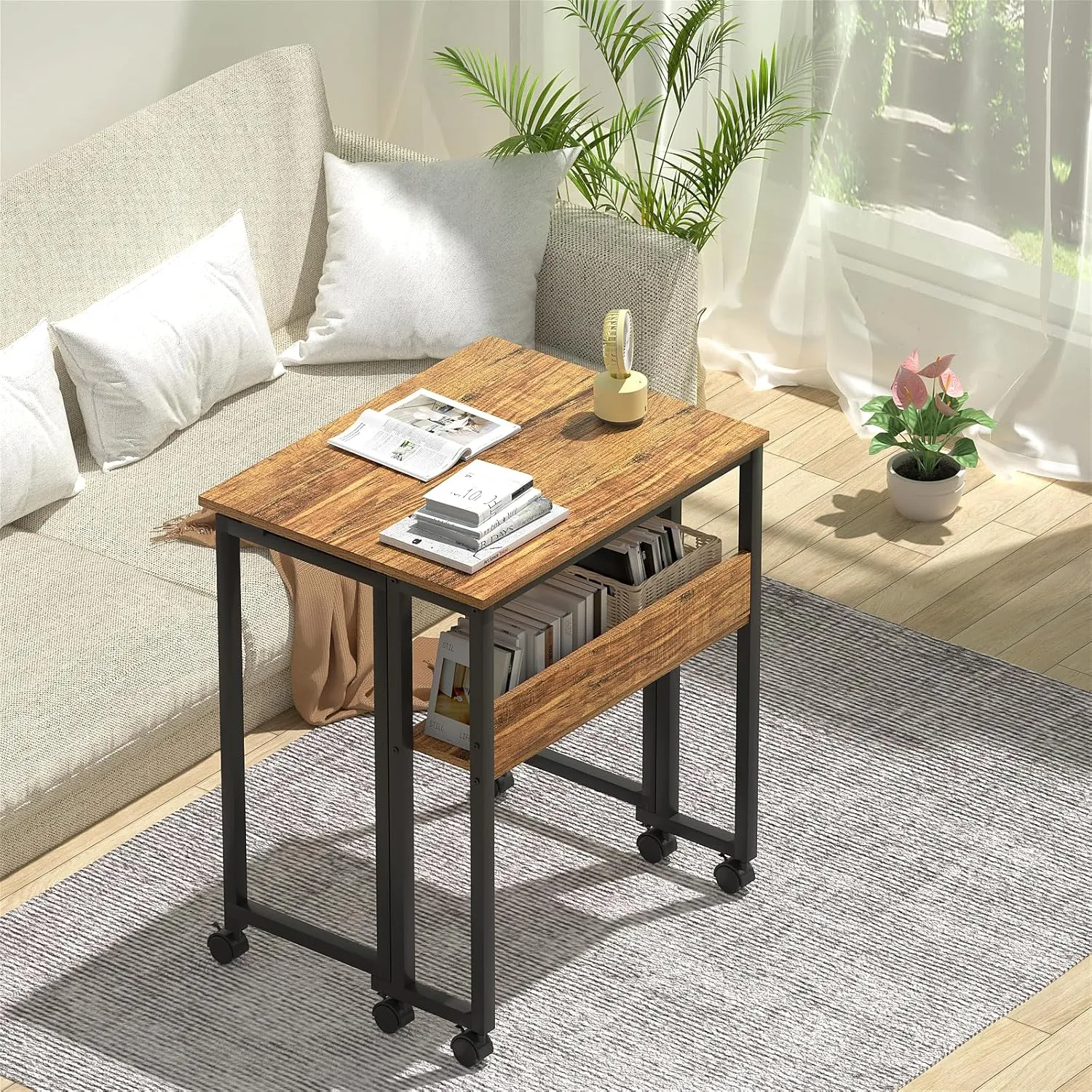 GreenForest Folding Desk Small Rolling Desk with Storage Shelf, 31.5 inch Foldable Computer Desk with Wheels for Small Space, Easy Assembly,Walnut