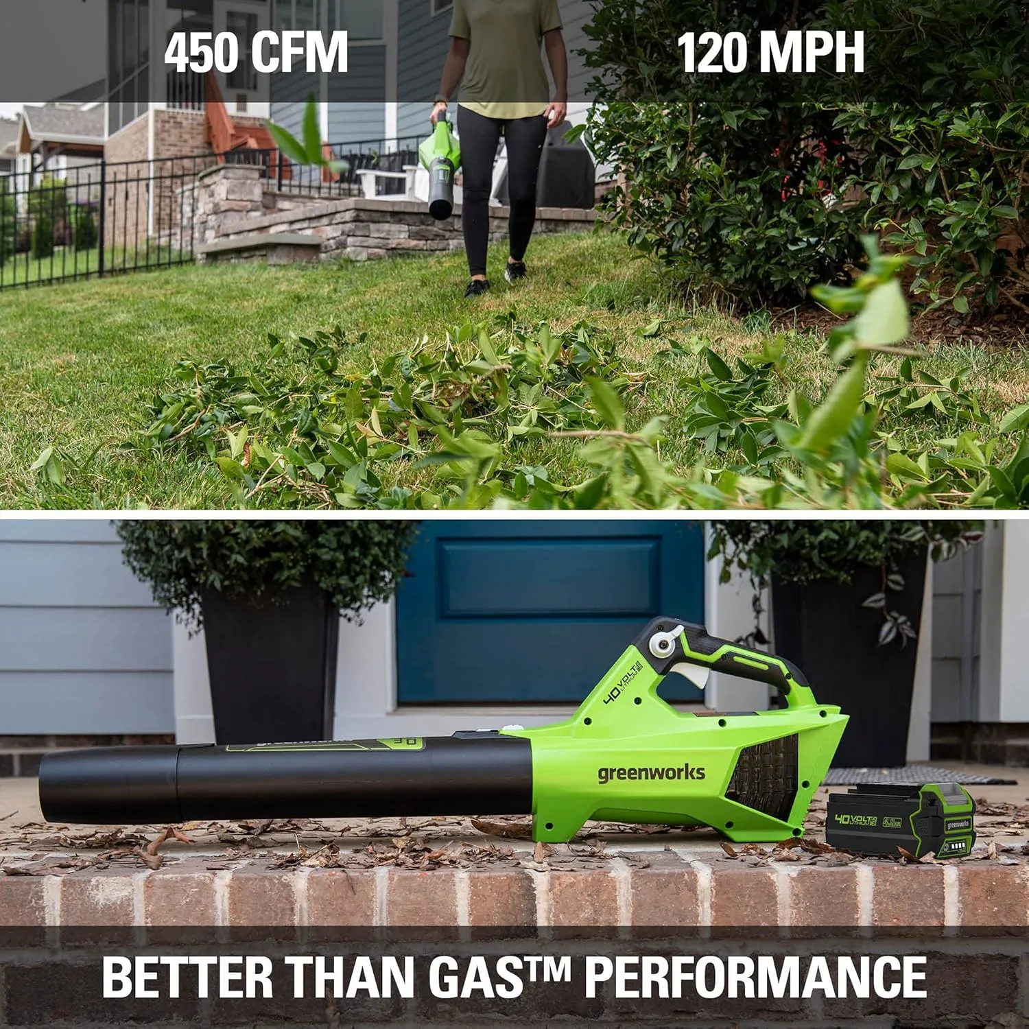 Greenworks 40V (120 MPH / 450 CFM / 75  Compatible Tools) Cordless Axial Leaf Blower, 4.0Ah Battery and Charger Included