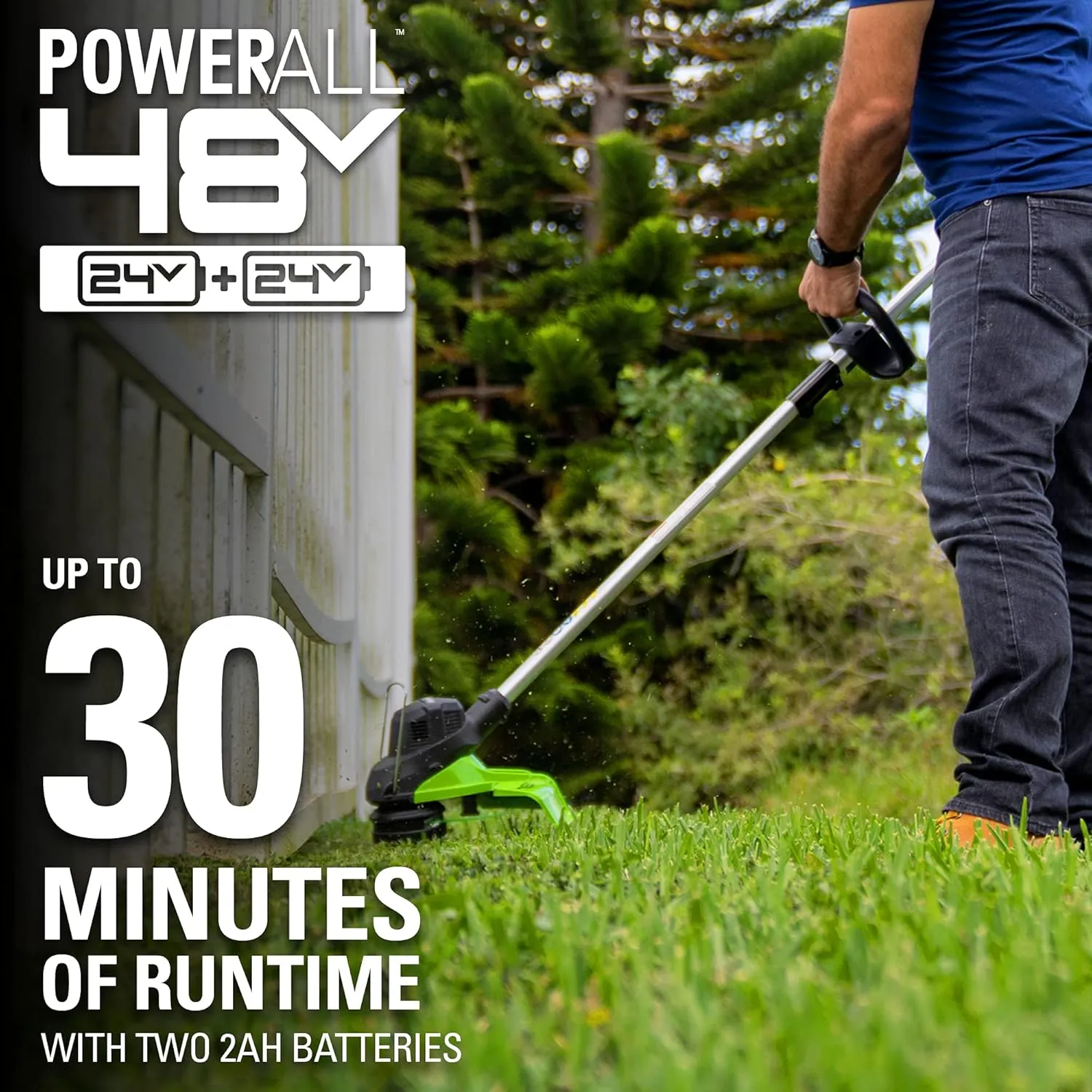 Greenworks 48V (2 x 24V) 15" Cordless String Trimmer, (2) 2.0Ah Batteries and Dual Port Charger Included