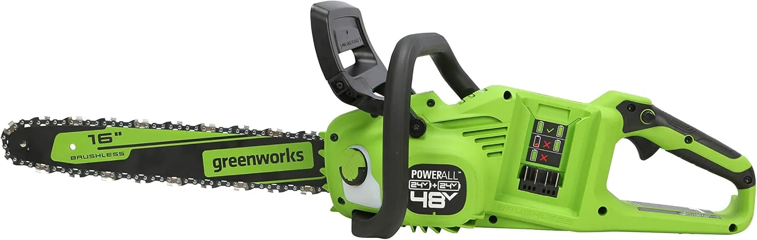 Greenworks 48V (2 x 24V) 16" Brushless Cordless Chainsaw (Great For Tree Felling, Limbing, Pruning, and Firewood / 125  Compatible Tools), (2) 4.0Ah Batteries and Dual Port Rapid Charger Included