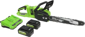 Greenworks 48V (2 x 24V) 16" Brushless Cordless Chainsaw (Great For Tree Felling, Limbing, Pruning, and Firewood / 125  Compatible Tools), (2) 4.0Ah Batteries and Dual Port Rapid Charger Included