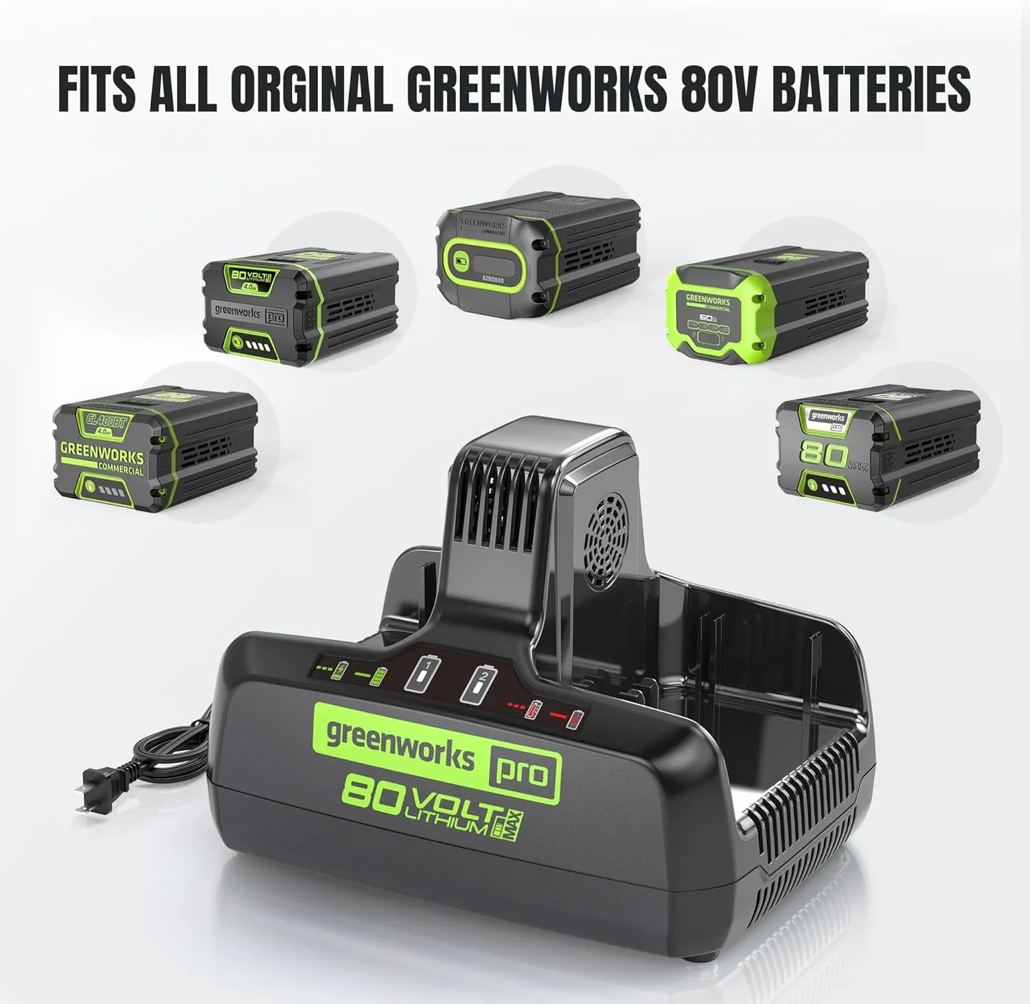 Greenworks PRO 80V 8A Dual Port Rapid Charger | Genuine Battery Charger | Compatible Tools with 75 80V Tools