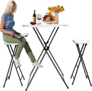 GUAGUA 32in Round Folding Cocktail Table and Chairs Set, Portable High Top Folding Bar Height Table with 2 Bar Stools, Removable Gray Legs, Indoor Outdoor for Parties,Backyard,Dining(White setB)