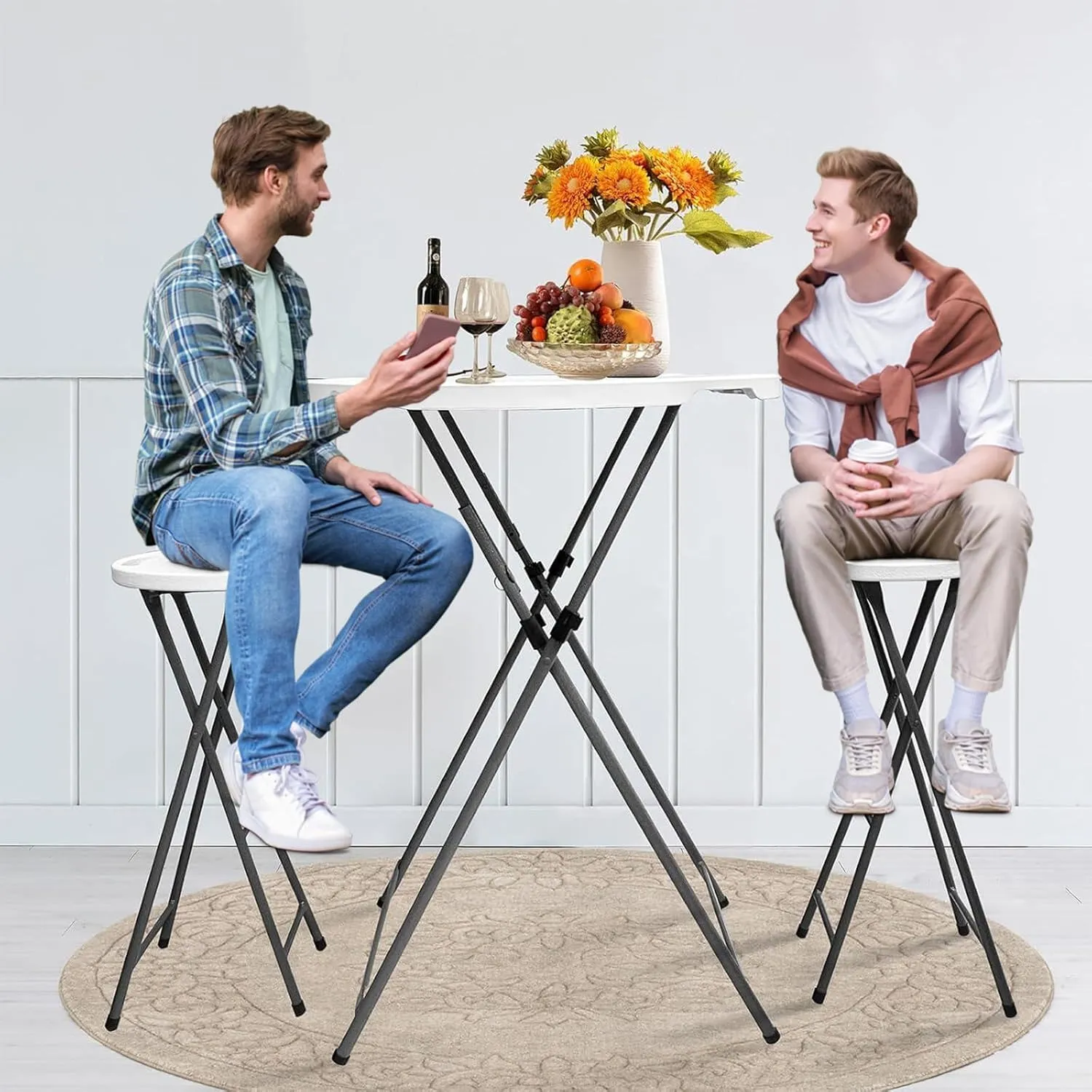 GUAGUA 32in Round Folding Cocktail Table and Chairs Set, Portable High Top Folding Bar Height Table with 2 Bar Stools, Removable Gray Legs, Indoor Outdoor for Parties,Backyard,Dining(White setB)