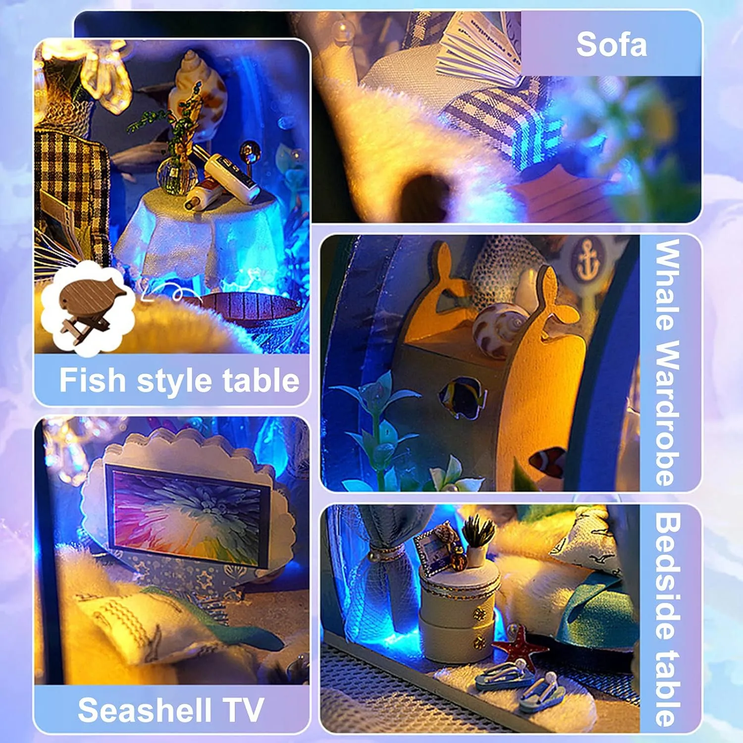 GuDoQi DIY Miniature Dollhouse Kit, Miniature House Kit 1:24 Scale,Tiny House kit with Furniture, Great Gift for Birthday Easter Day, Sweet Home of Mermaid Princess