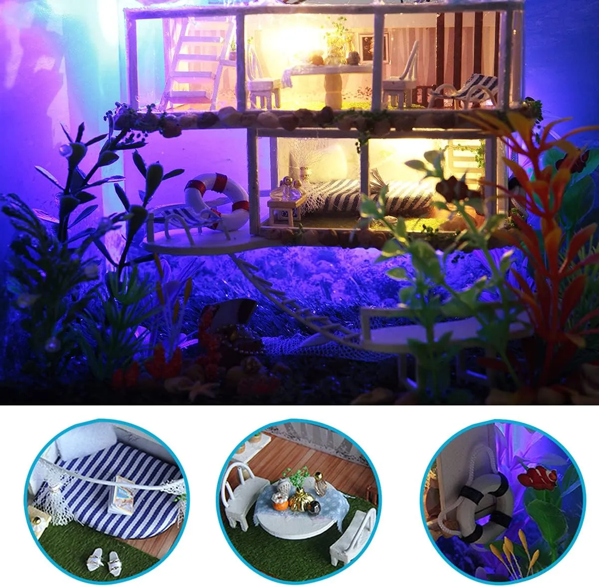GuDoQi DIY Miniature Dollhouse Kit, Tiny House kit with Furniture and Dust Proof, Miniature House Kit 1:24 Scale Beachside Bungalow, Great Handmade Crafts Gift for Birthday Easter Day