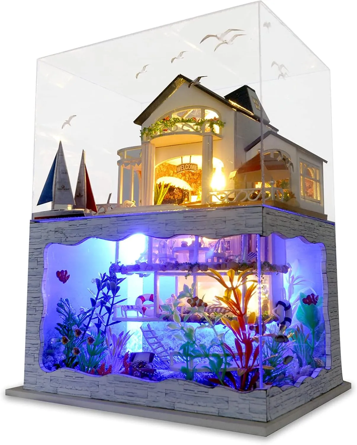 GuDoQi DIY Miniature Dollhouse Kit, Tiny House kit with Furniture and Dust Proof, Miniature House Kit 1:24 Scale Beachside Bungalow, Great Handmade Crafts Gift for Birthday Easter Day