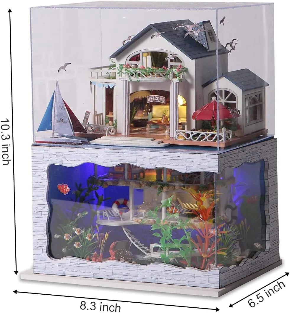 GuDoQi DIY Miniature Dollhouse Kit, Tiny House kit with Furniture and Dust Proof, Miniature House Kit 1:24 Scale Beachside Bungalow, Great Handmade Crafts Gift for Birthday Easter Day