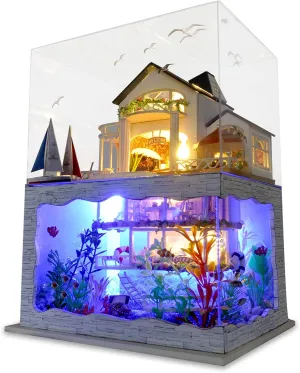 GuDoQi DIY Miniature Dollhouse Kit, Tiny House kit with Furniture and Dust Proof, Miniature House Kit 1:24 Scale Beachside Bungalow, Great Handmade Crafts Gift for Birthday Easter Day