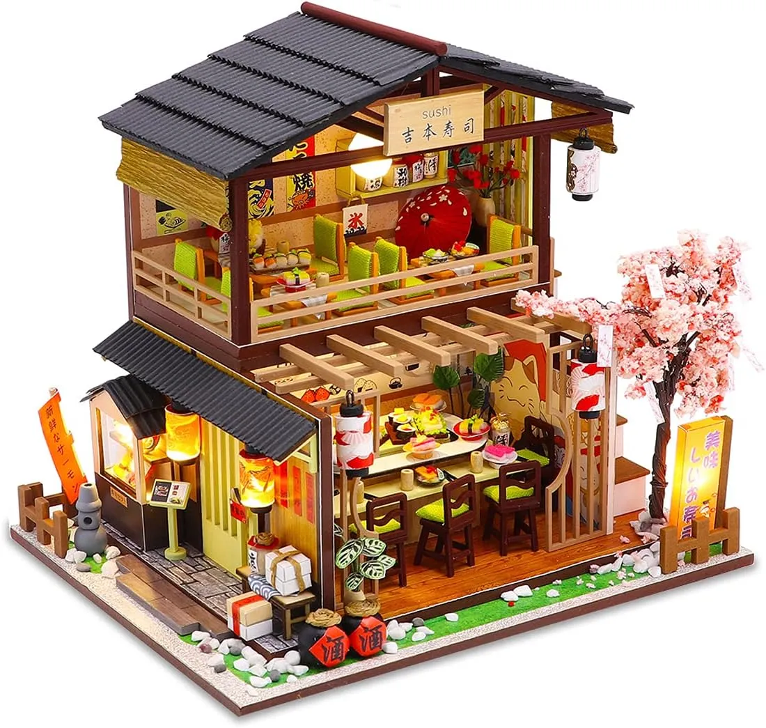 GuDoQi DIY Miniature Dollhouse Kit, Tiny House kit with Furniture, Miniature House Kit 1:24 Scale Japanese Style Shop, Great Handmade Crafts Gift for Birthday Easter Day