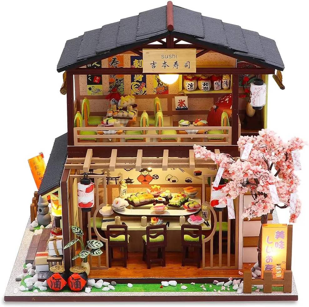GuDoQi DIY Miniature Dollhouse Kit, Tiny House kit with Furniture, Miniature House Kit 1:24 Scale Japanese Style Shop, Great Handmade Crafts Gift for Birthday Easter Day
