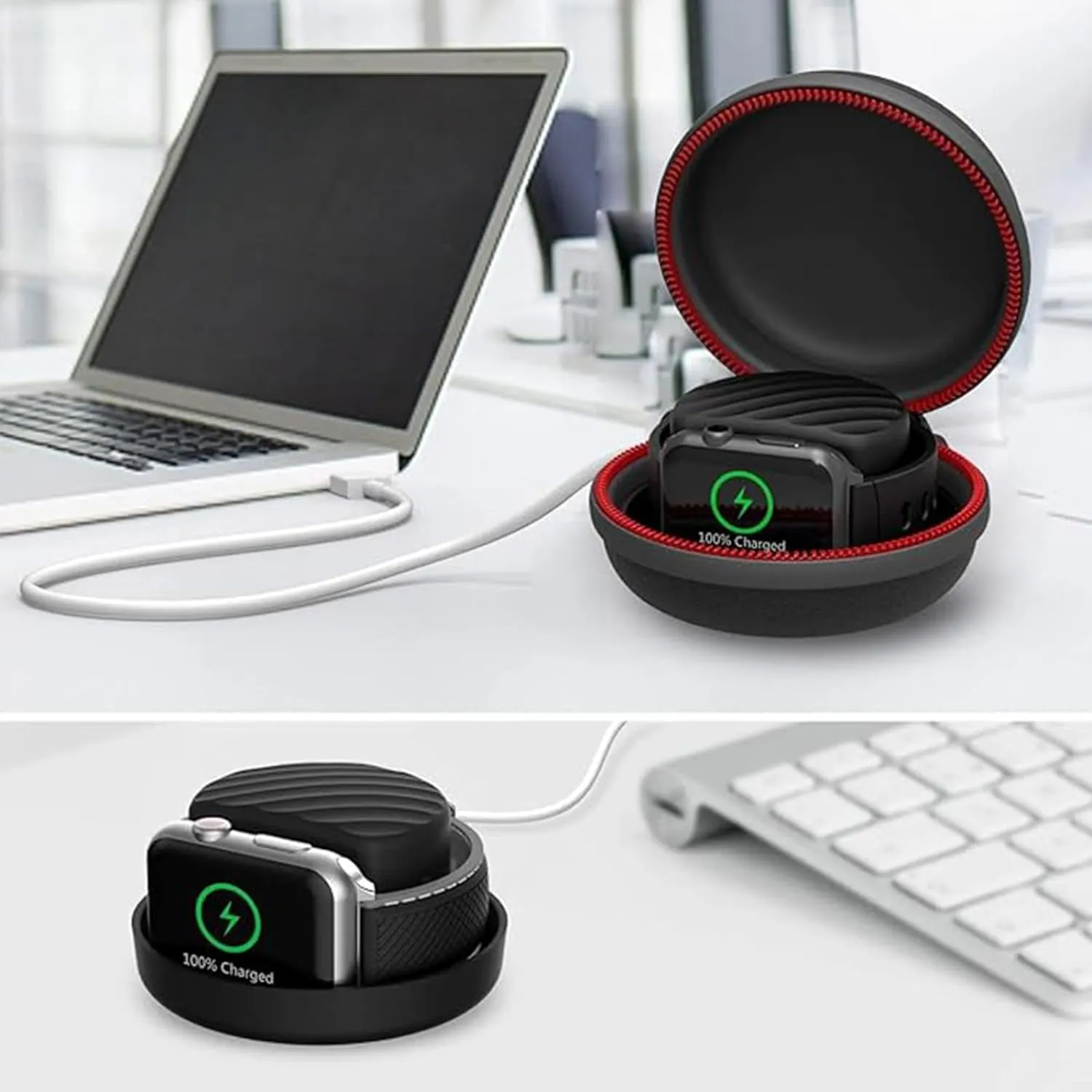 HALLEAST Travel Case for Apple Watch Charger, Portable Carrying EVA Charging Dock Holder for 42mm 44mm 45mm 46mm iWatch Series 10/9/8/SE2/7/SE/6/5/4/3/2/1, with Night Stand Mode, Black