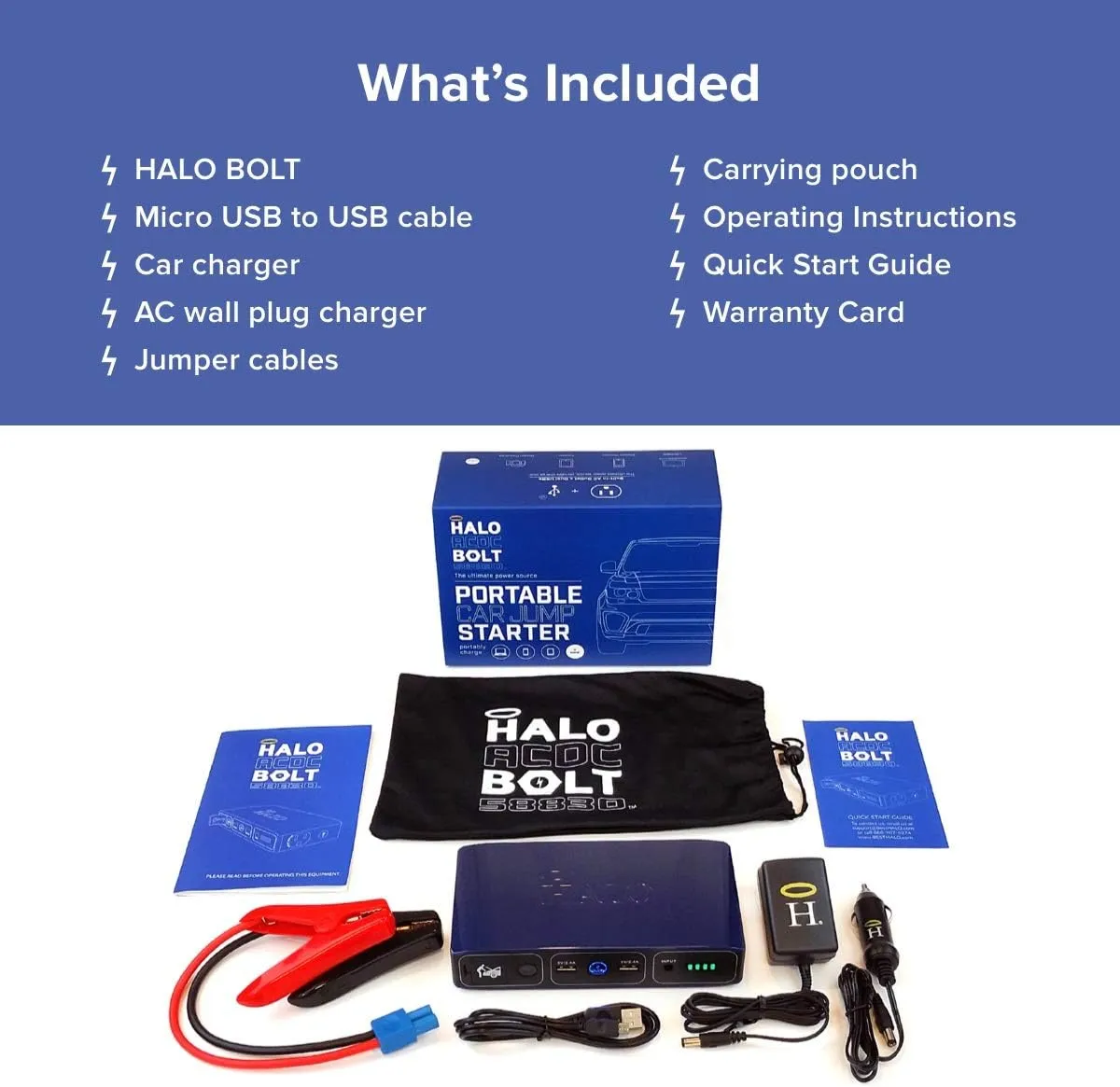 HALO Bolt 58830 ACDC Portable Car Battery Jump Starter | 58.8Wh USB Power Bank with AC Outlet, Emergency Floodlight & Charger, Jumps Cars SUVs & Trucks, Powers Phones & Laptops, TSA Approved — Black
