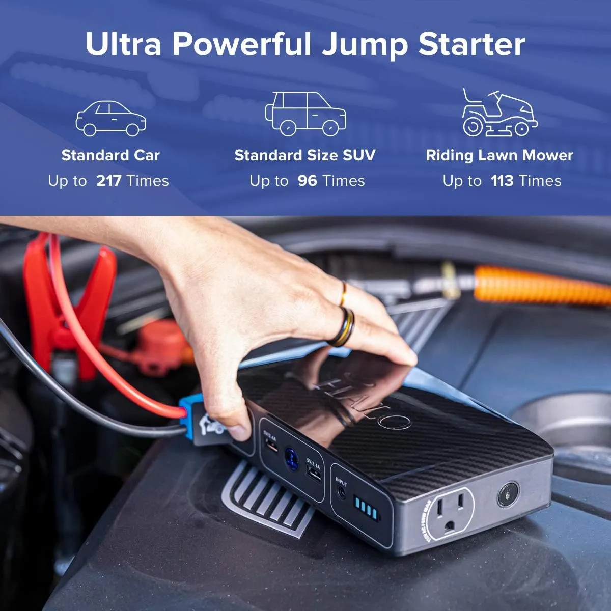 HALO Bolt 58830 ACDC Portable Car Battery Jump Starter | 58.8Wh USB Power Bank with AC Outlet, Emergency Floodlight & Charger, Jumps Cars SUVs & Trucks, Powers Phones & Laptops, TSA Approved — Black