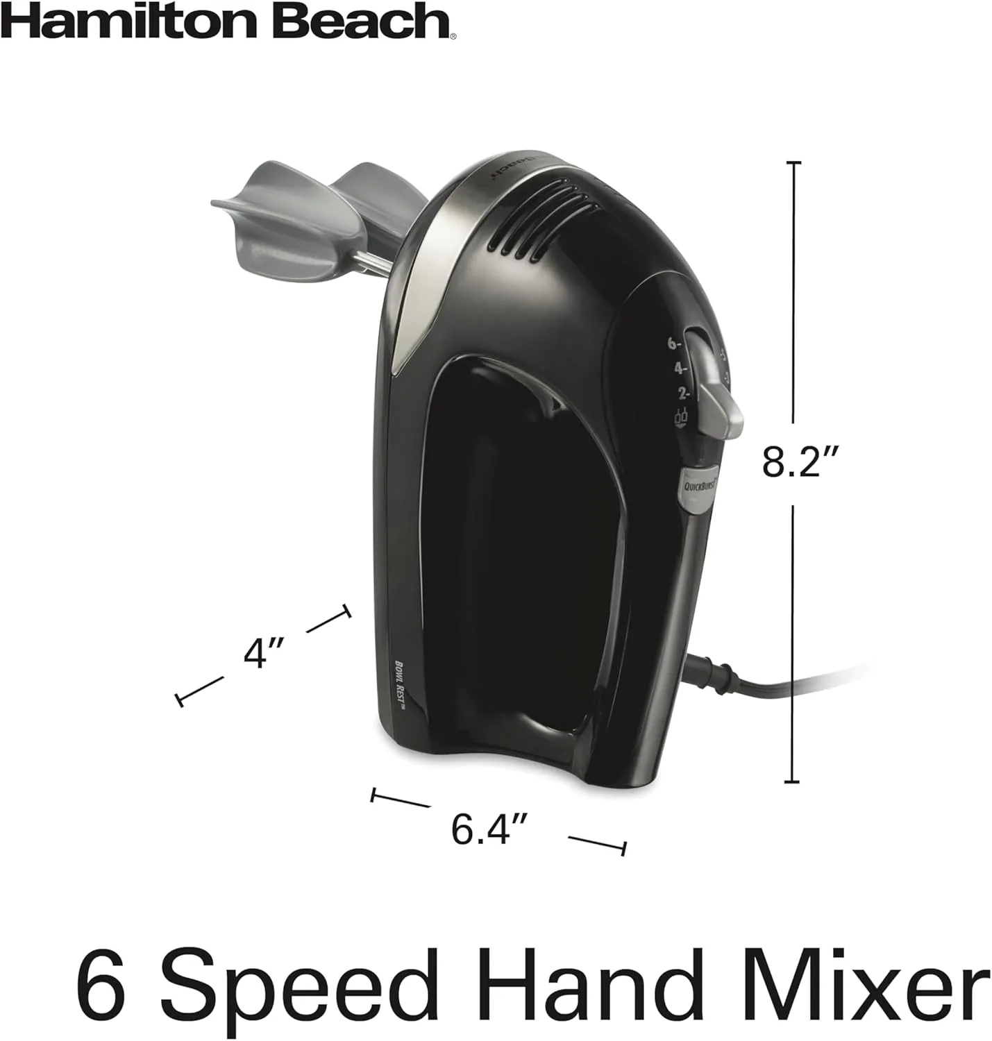 Hamilton Beach 6-Speed Electric Hand Mixer with Whisk, Dough Hooks and Easy Clean Beaters, Powerful 275 Watt Motor, Snap-On Storage Case, Black