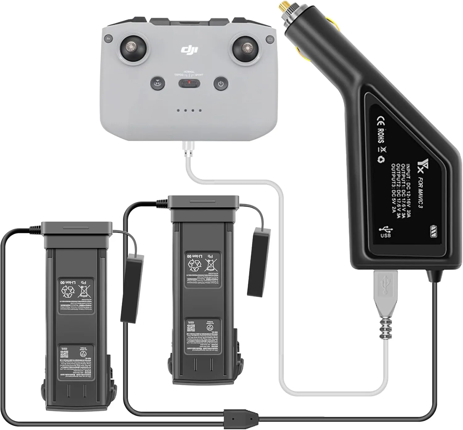 Hanatora 3 in 1 Battery Car Charger for DJI Mavic 3/Classic/Pro/Cine/Enterprise Drone, 12V Rapid Charging Hub Accessories