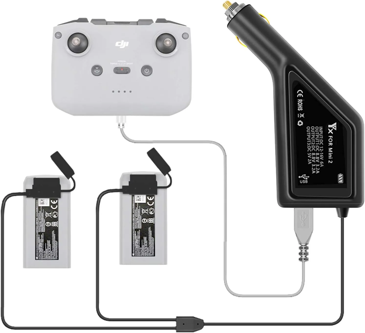 Hanatora Battery Car Charger with Dust Cover for DJI Mini 4K/2/Mini SE/2 SE Drone 3 in 1(USB   2 x Battery) Multiple Rapid Charging Hub Accessories