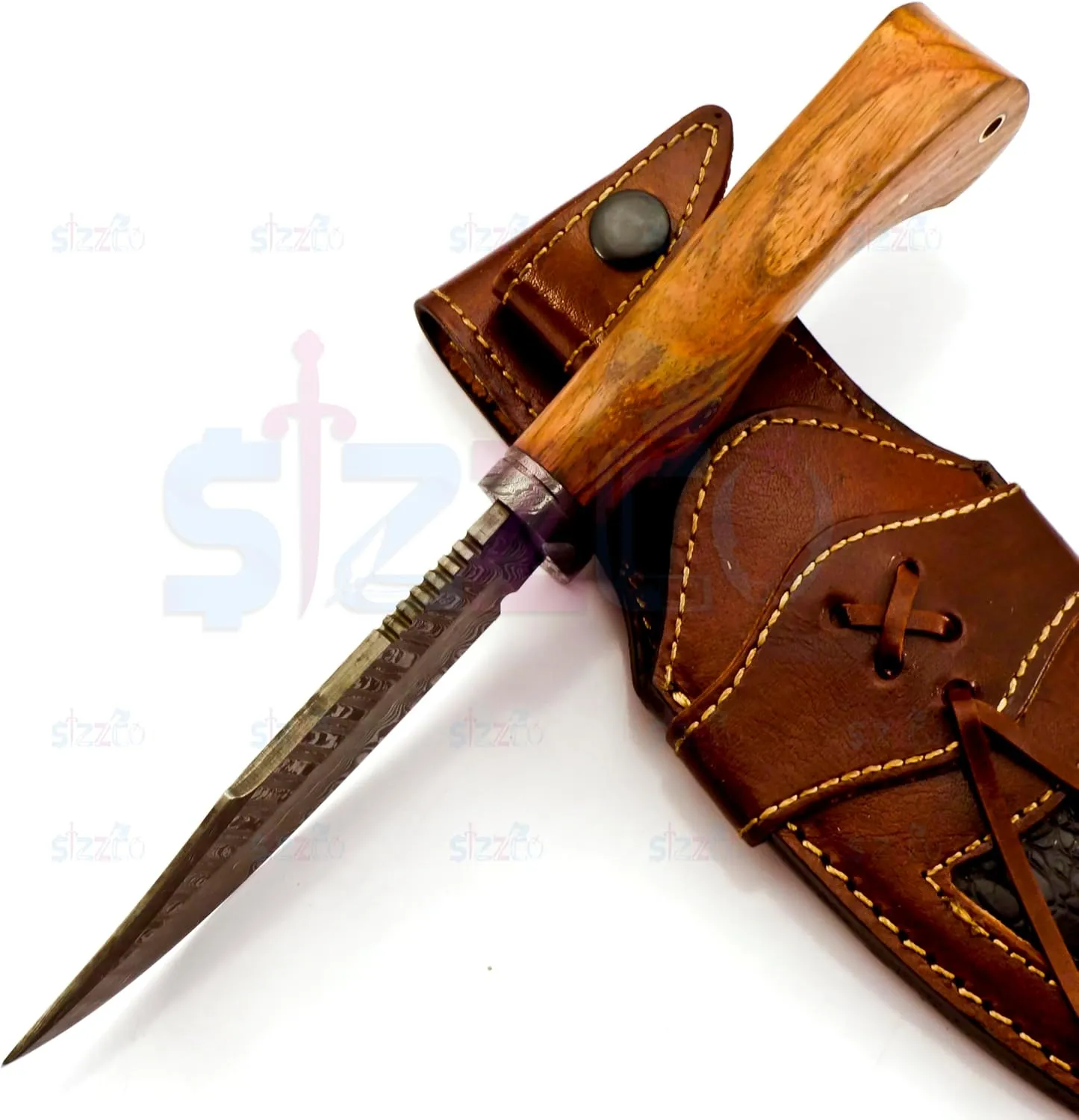Handmade 10" Damascus Hunting Knife - Fixed Blade Skinning Knife with Sheath, Wooden Handle, Razor Sharp Blade for Outdoor Camping, EDC, and Survival Ideal Gift for Men