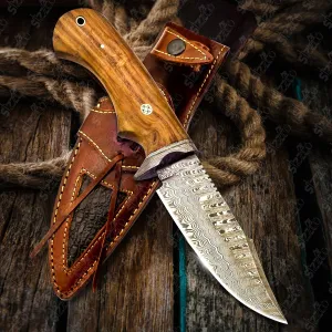 Handmade 10" Damascus Hunting Knife - Fixed Blade Skinning Knife with Sheath, Wooden Handle, Razor Sharp Blade for Outdoor Camping, EDC, and Survival Ideal Gift for Men