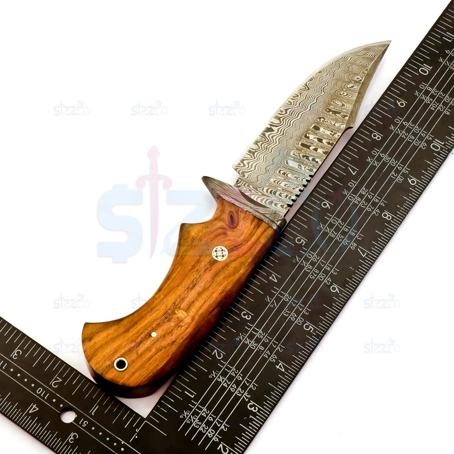 Handmade 10" Damascus Hunting Knife - Fixed Blade Skinning Knife with Sheath, Wooden Handle, Razor Sharp Blade for Outdoor Camping, EDC, and Survival Ideal Gift for Men