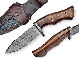 Handmade Damascus Full Tang Knife | Hunting | 10 Inch Hunting Fix Blade knives with Walnut Wooden Handle | Camping Knife with Leather Sheath | HUNT 07