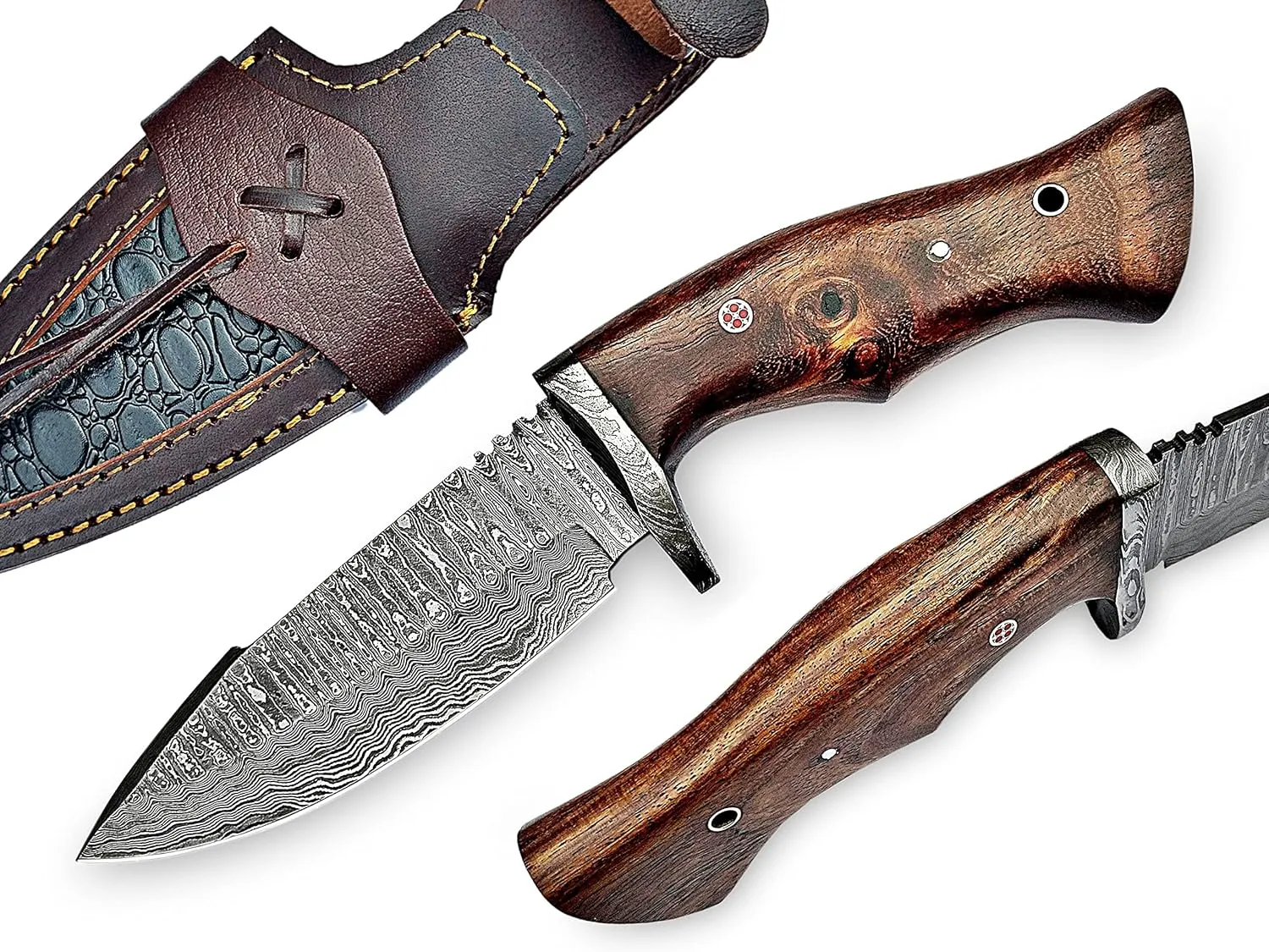 Handmade Damascus Full Tang Knife | Hunting | 10 Inch Hunting Fix Blade knives with Walnut Wooden Handle | Camping Knife with Leather Sheath | HUNT 07