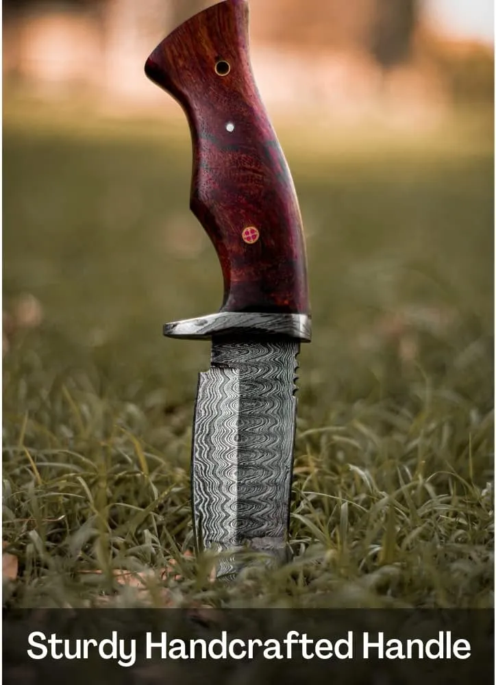 Handmade Damascus Full Tang Knife | Hunting | 10 Inch Hunting Fix Blade knives with Walnut Wooden Handle | Camping Knife with Leather Sheath | HUNT 07