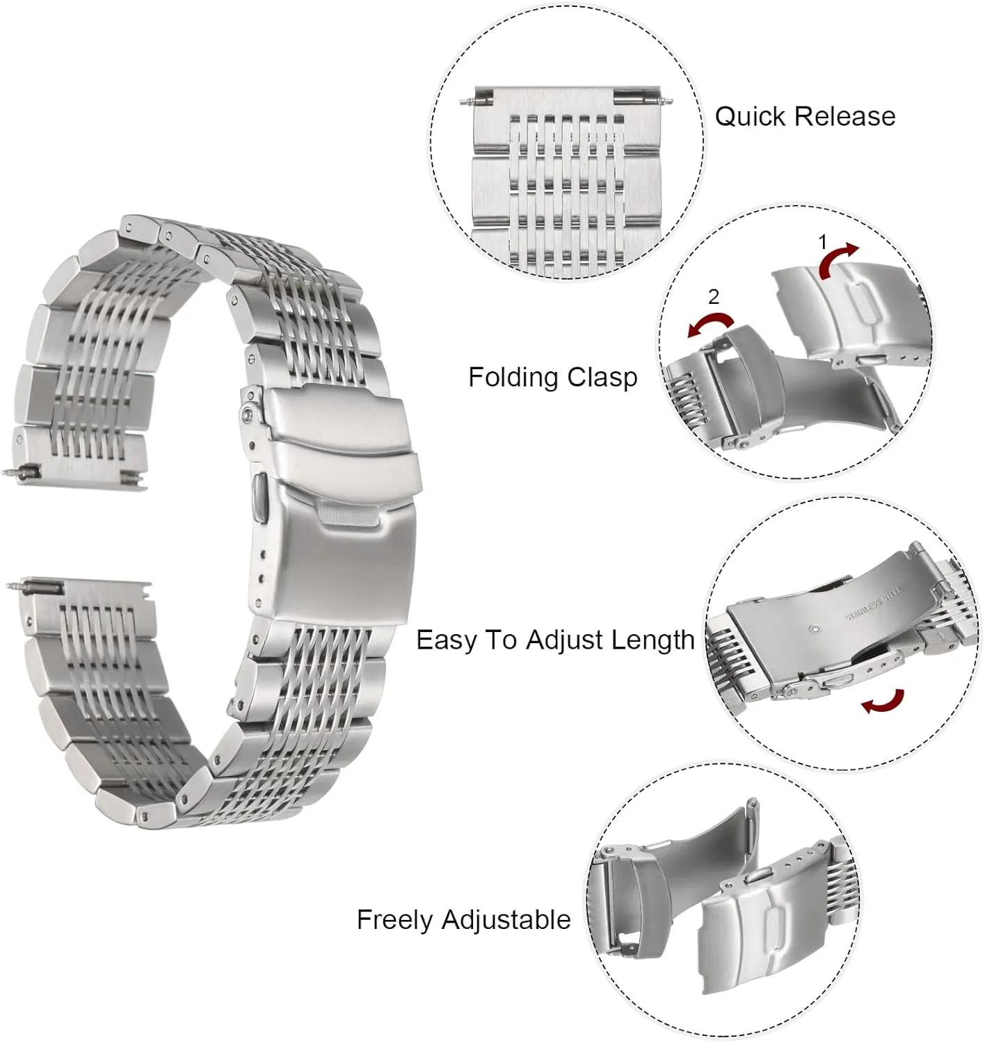 HARFINGTON Stainless Steel Mesh Watch Band Quick Release Metal Watch Strap Double-Lock Deployment Clasp Bands for Men Women