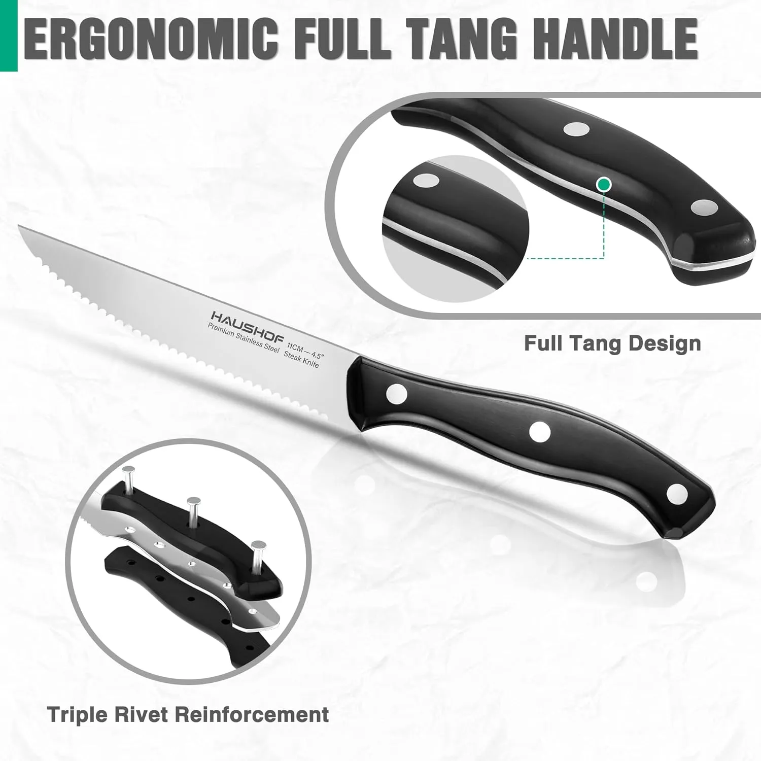 HAUSHOF Steak Knives Set of 4, Premium Stainless Steel Serrated Steak Knife Set with Gift Box, Full Tang and Ergonomic Handle, Gifts Knife Set for Mom, Dad, Wife and Husband