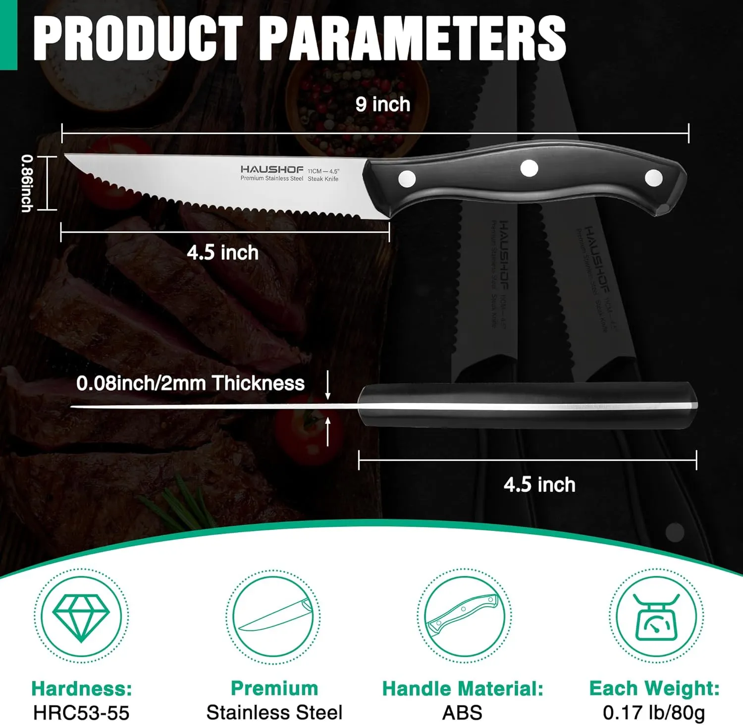 HAUSHOF Steak Knives Set of 4, Premium Stainless Steel Serrated Steak Knife Set with Gift Box, Full Tang and Ergonomic Handle, Gifts Knife Set for Mom, Dad, Wife and Husband