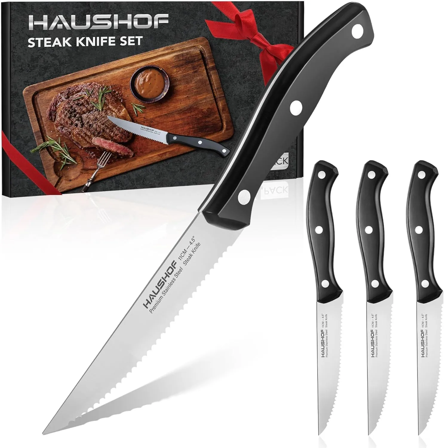 HAUSHOF Steak Knives Set of 4, Premium Stainless Steel Serrated Steak Knife Set with Gift Box, Full Tang and Ergonomic Handle, Gifts Knife Set for Mom, Dad, Wife and Husband