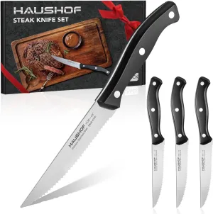 HAUSHOF Steak Knives Set of 4, Premium Stainless Steel Serrated Steak Knife Set with Gift Box, Full Tang and Ergonomic Handle, Gifts Knife Set for Mom, Dad, Wife and Husband