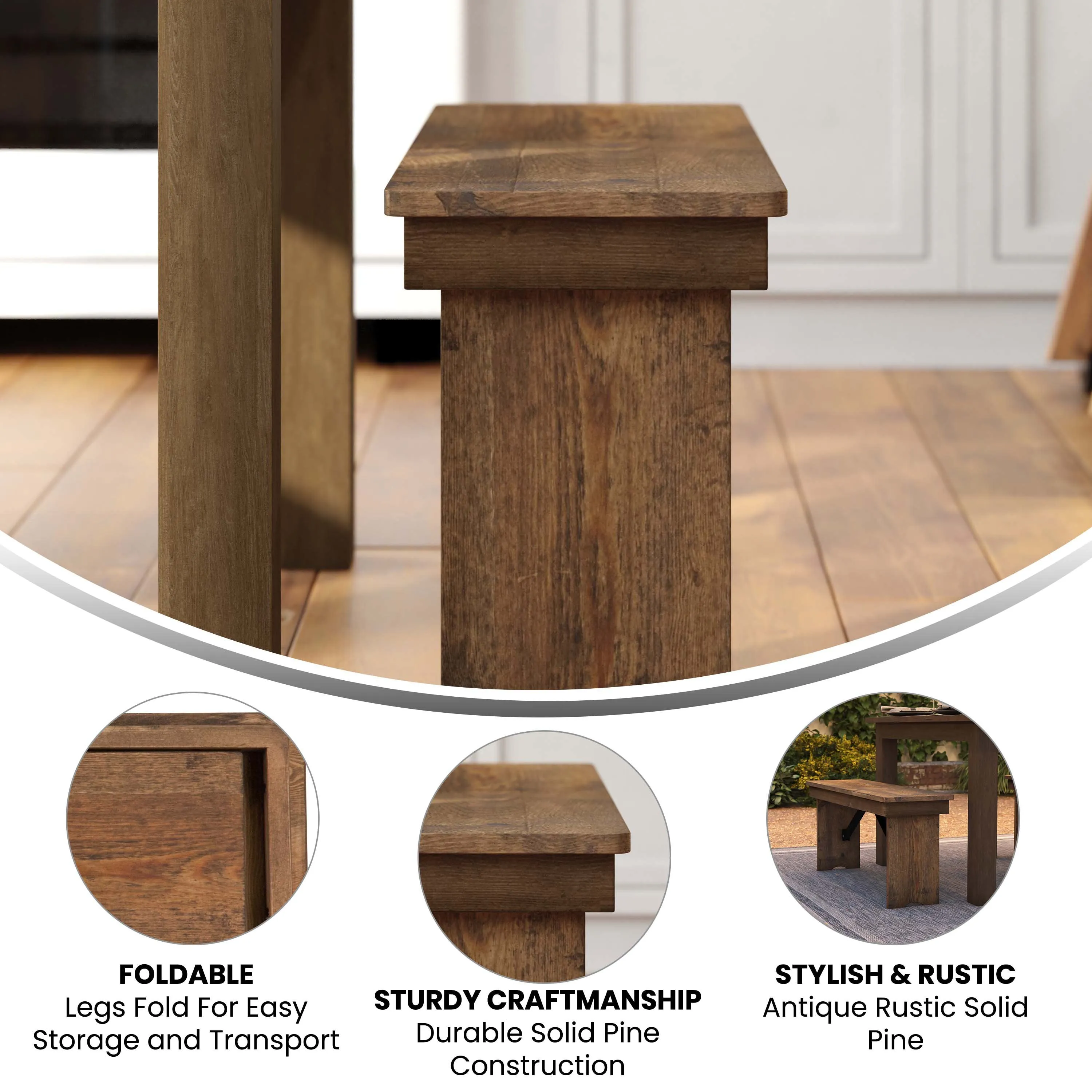 HERCULES Series 40" x 12" Solid Pine Folding Farm Bench