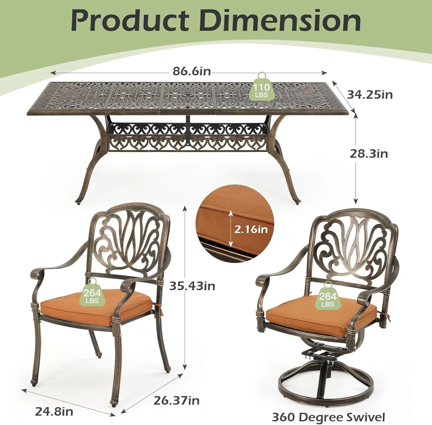 [Hi-End]9-Piece Outdoor Dining Set All Aluminum Patio Table and Chairs Set with 2 Swivel Chair & 6 Patio Chair Outdoor Dining Table Set for 8 Include 86.6’’ Rectangular Patio Table with Umbrella Hole