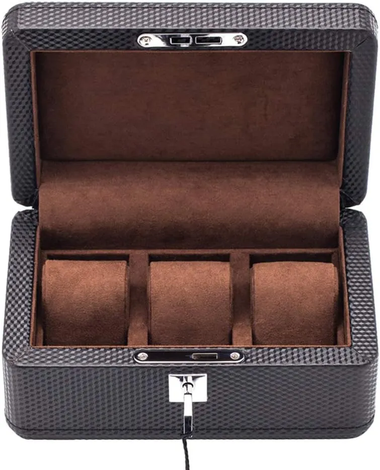 High-end Carbon Fiber Artificial Leather Mechanical Watch Collection Display Box 3 Tables with Lock Removable Table Pillow (Leather Yellow Interior/Dark Brown Interior)