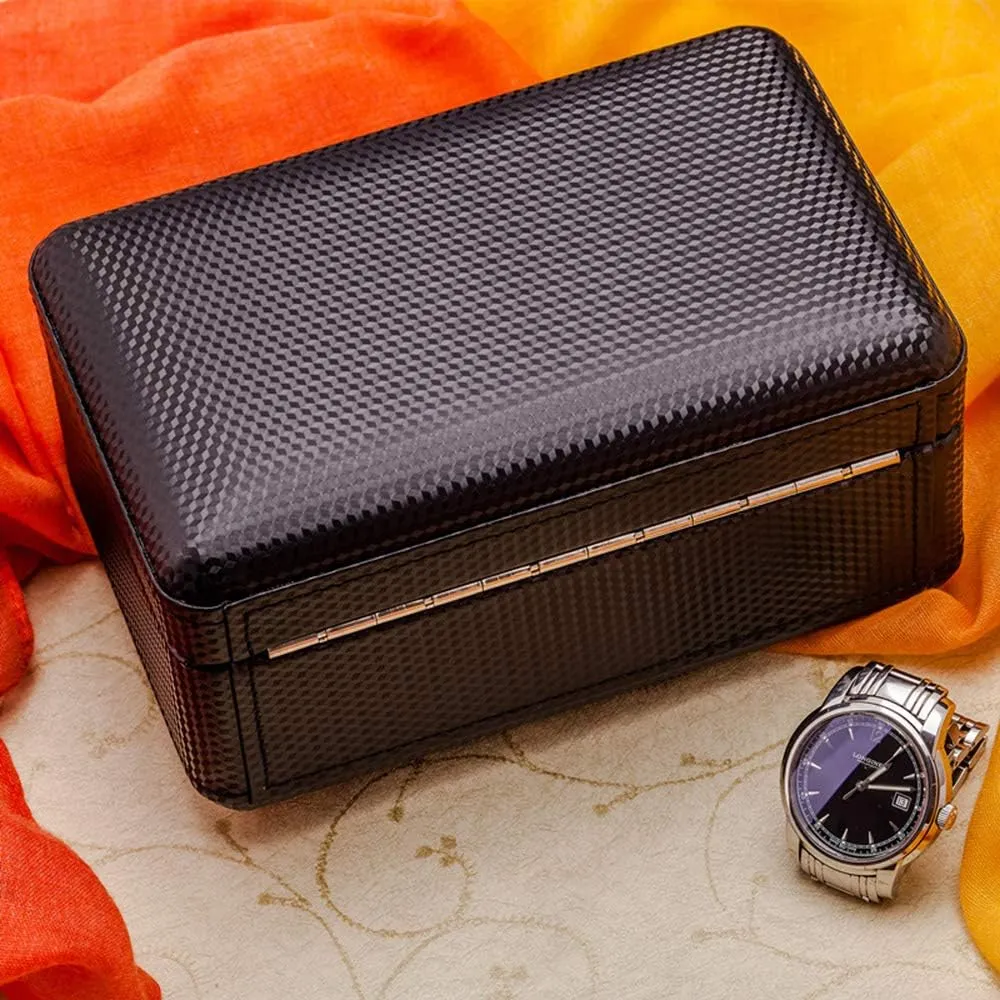 High-end Carbon Fiber Artificial Leather Mechanical Watch Collection Display Box 3 Tables with Lock Removable Table Pillow (Leather Yellow Interior/Dark Brown Interior)