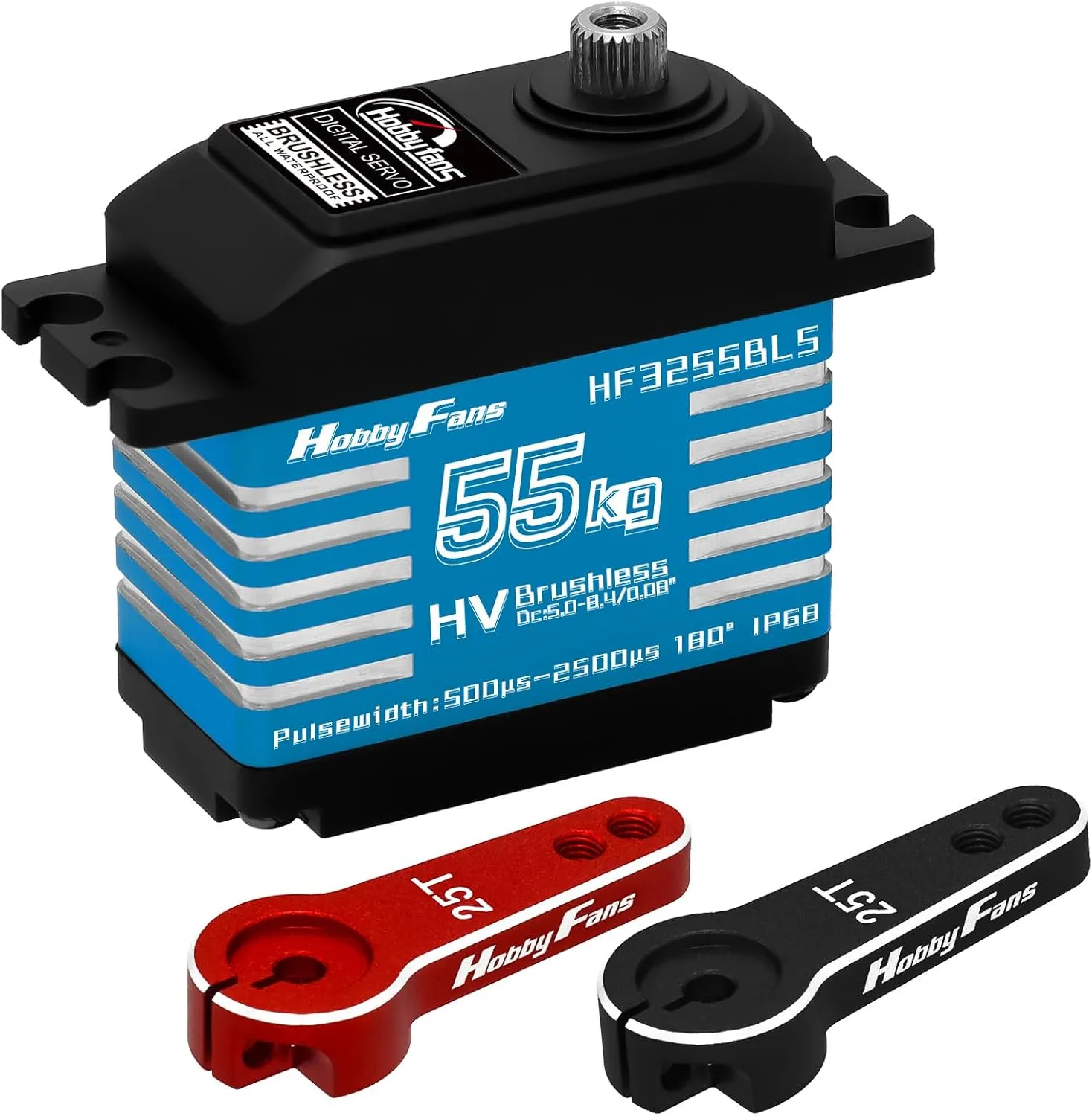 Hobby Fans RC Digital Servo, IP68 Waterproof 55KG Brushless Servo High Torque Metal Gear Servo with 2PCS 25T Servo Horn for 1/12 1/10 1/8 RC Car RC Crawler Robot Boat, Blue
